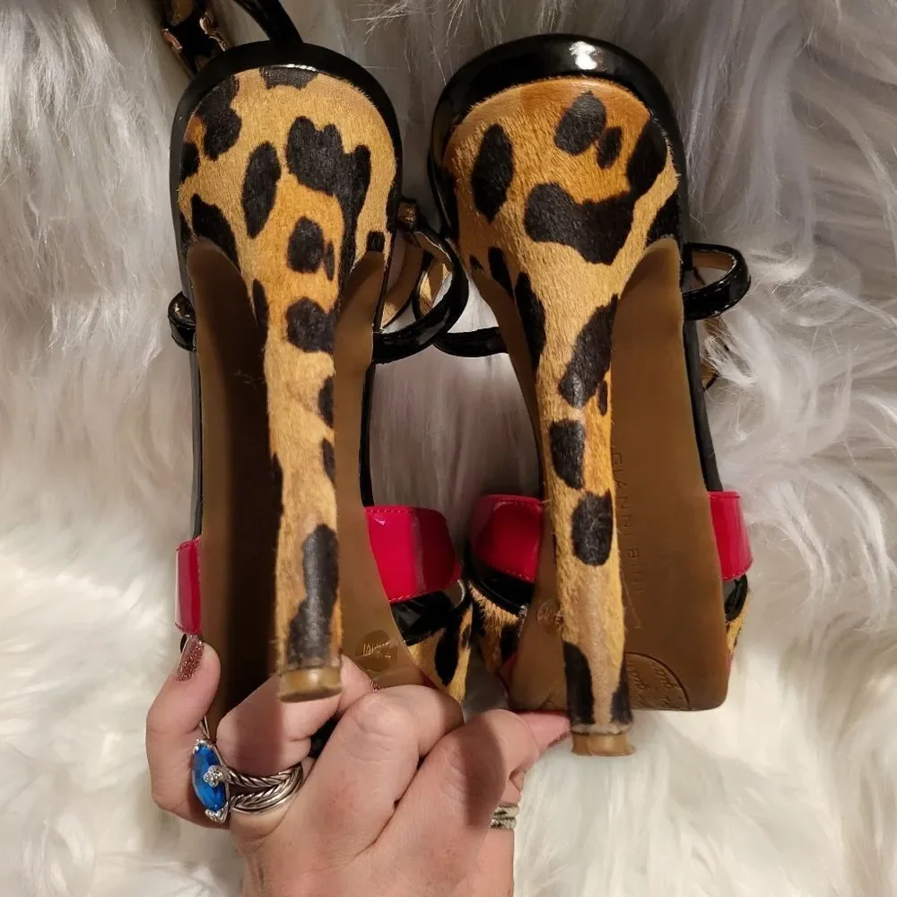 Gianni Bini Leopard Print Heels Red Patent Leather Straps Size 7.5M